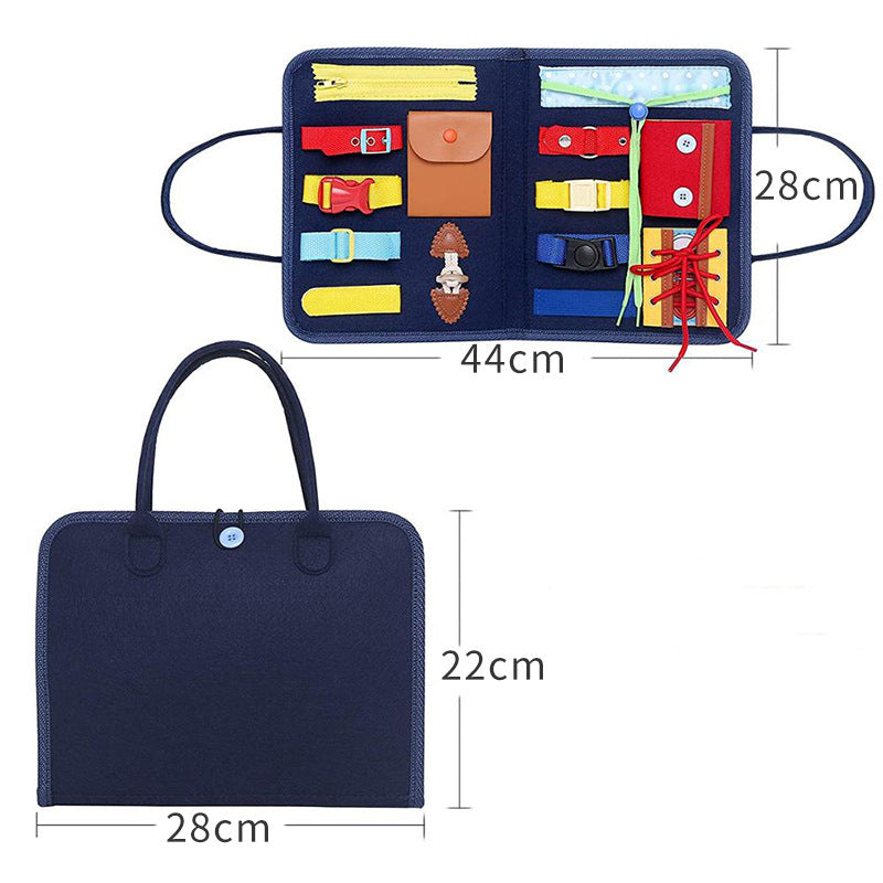 Tableau sensoriel éducatif pour apprendre à s'habiller et à boutonner, développement précoce et préscolaire