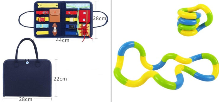 Tableau sensoriel éducatif pour apprendre à s'habiller et à boutonner, développement précoce et préscolaire