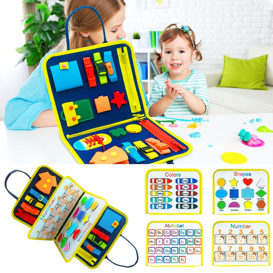 Educational sensory board for learning how to dress and button, early and preschool development